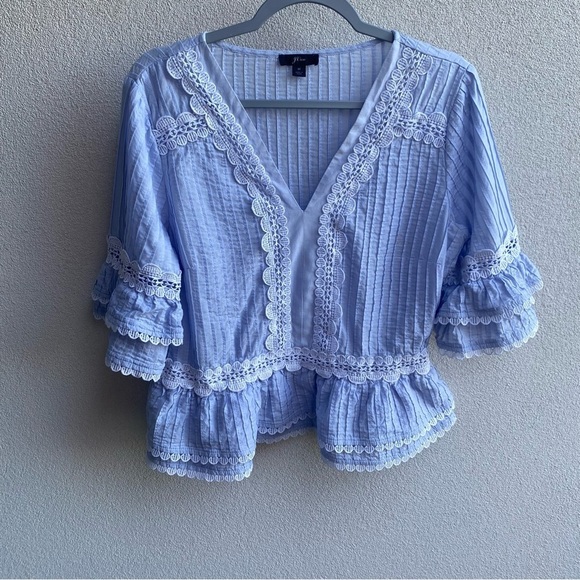 J. Crew Top Lace Trim Short Sleeve In Faded Peri Ruffles Pleating Womens… - Picture 6 of 7